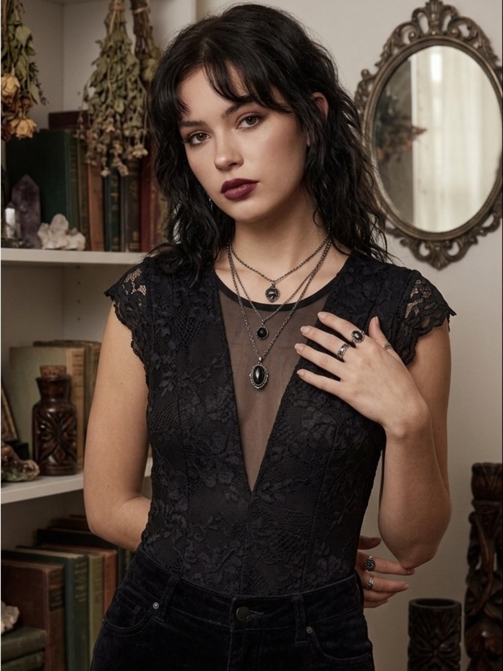 Dynamite Black Lace Mesh Bodysuit Small Y2K Whimsigoth Fairy Top